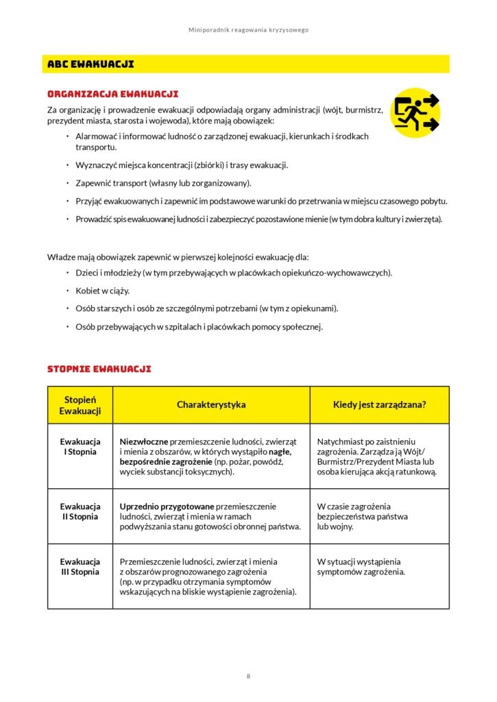 ABC EWAKUACJI Organizacja Ewakuacji Za organizację i prowadzenie ewakuacji odpowiadają organy administracji (wójt, burmistrz, prezydent miasta, starosta i wojewoda), które mają obowiązek: x Alarmować i informować ludność o zarządzonej ewakuacji, kierunkach i środkach transportu. x Wyznaczyć miejsca koncentracji (zbiórki) i trasy ewakuacji. x Zapewnić transport (własny lub zorganizowany). x Przyjąć ewakuowanych i zapewnić im podstawowe warunki do przetrwania w miejscu czasowego pobytu. x Prowadzić spis ewakuowanej ludności i zabezpieczyć pozostawione mienie (w tym dobra kultury i zwierzęta). Władze mają obowiązek zapewnić w pierwszej kolejności ewakuację dla: x Dzieci i młodzieży (w tym przebywających w placówkach opiekuńczo-wychowawczych). x Kobiet w ciąży. x Osób starszych i osób ze szczególnymi potrzebami (w tym z opiekunami). x Osób przebywających w szpitalach i placówkach pomocy społecznej. Stopień Ewakuacji Charakterystyka Kiedy jest zarządzana? Ewakuacja I Stopnia Niezwłoczne przemieszczenie ludności, zwierząt i mienia z obszarów, w których wystąpiło nagłe, bezpośrednie zagrożenie (np. pożar, powódź, wyciek substancji toksycznych). Natychmiast po zaistnieniu zagrożenia. Zarządza ją Wójt/ Burmistrz/Prezydent Miasta lub osoba kierująca akcją ratunkową. Ewakuacja II Stopnia Uprzednio przygotowane przemieszczenie ludności, zwierząt i mienia w ramach podwyższania stanu gotowości obronnej państwa. W czasie zagrożenia bezpieczeństwa państwa lub wojny. Ewakuacja III Stopnia Przemieszczenie ludności, zwierząt i mienia z obszarów prognozowanego zagrożenia (np. w przypadku otrzymania symptomów wskazujących na bliskie wystąpienie zagrożenia). W sytuacji wystąpienia symptomów zagrożenia