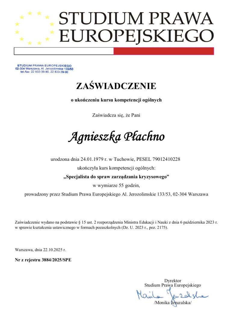 Zaświadczenie o ukończeniu kursu kompetencji ogólnych - Specjalista do spraw zarządzania kryzysowego - Agnieszka Płachno
