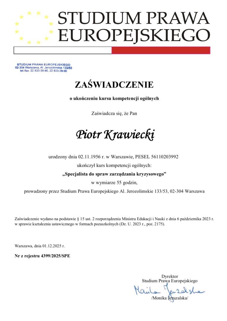 Zaświadczenie o ukończeniu kursu kompetencji ogólnych - Specjalista do spraw zarządzania kryzysowego - Piotr Krawiecki