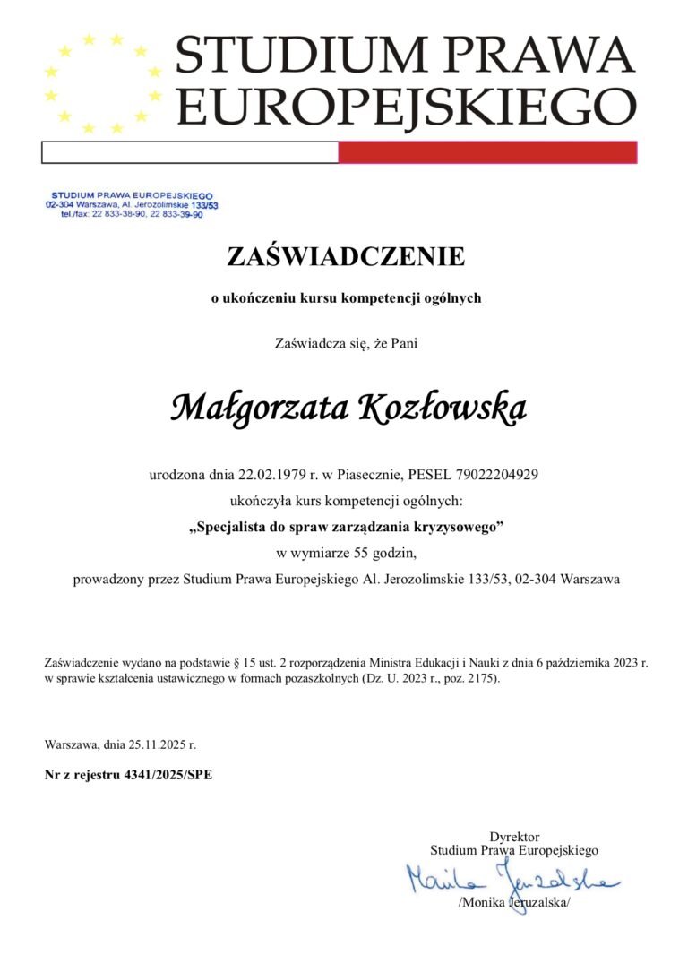 Zaświadczenie o ukończeniu kursu kompetencji ogólnych - Specjalista do spraw zarządzania kryzysowego - Małgorzata Kozłowska