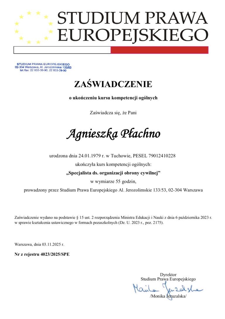 Zaświadczenie o ukończeniu kursu kompetencji ogólnych - Specjalista do spraw organizacji obrony cywilnej - Agnieszka Płachno